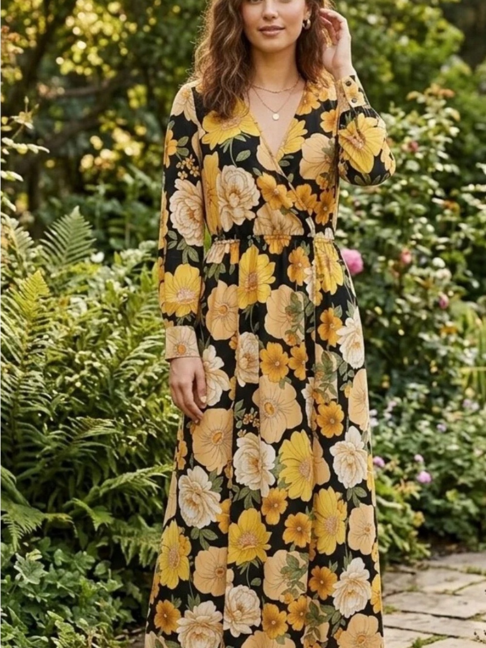 Forever 21 Black Maxi Dress with Yellow & Cream Floral Print